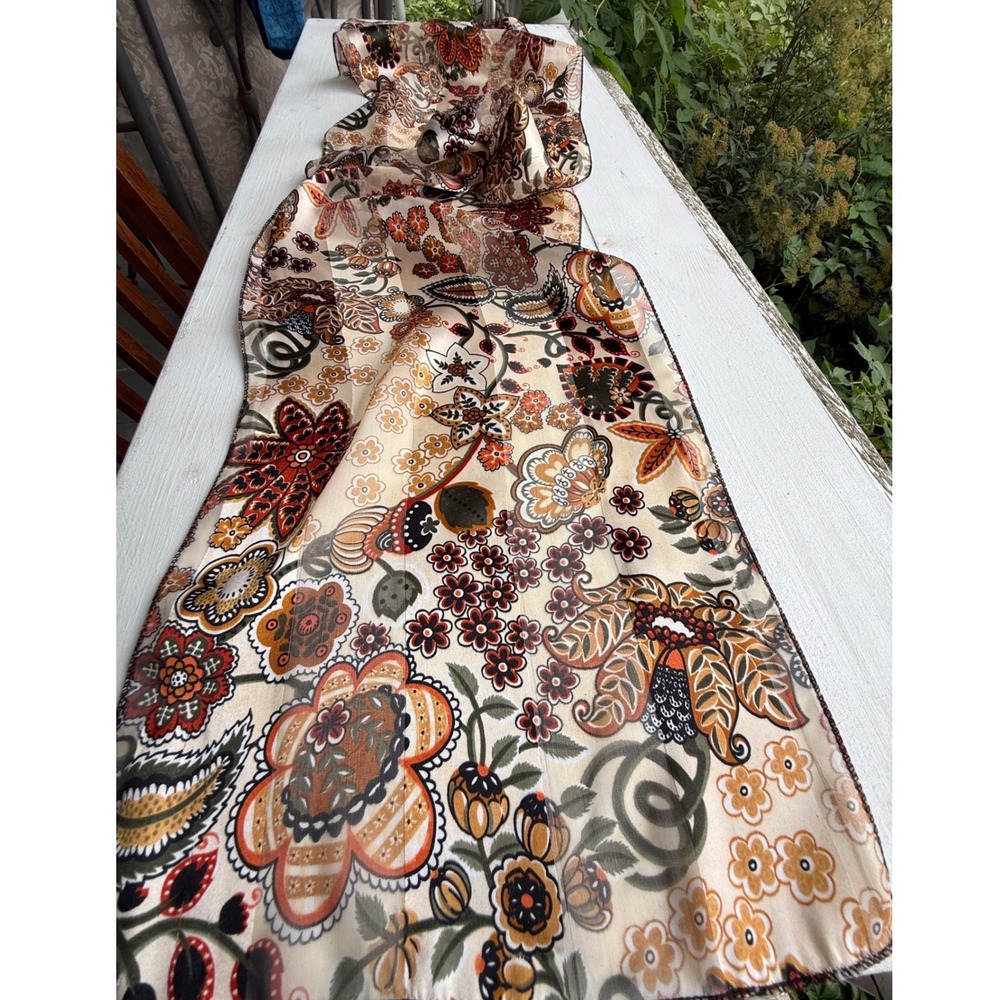 Sheer Floral Paisley Oblong Scarf Brown Orange Boho Lightweight 58x12